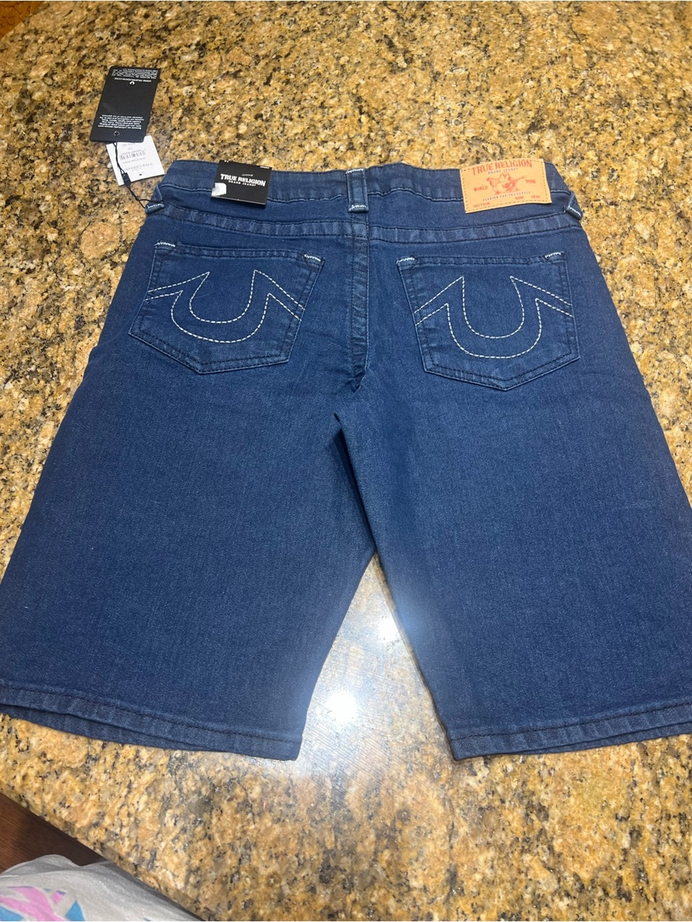 True Religion  Navy Blue Denim Shorts with Signature Back Pockets